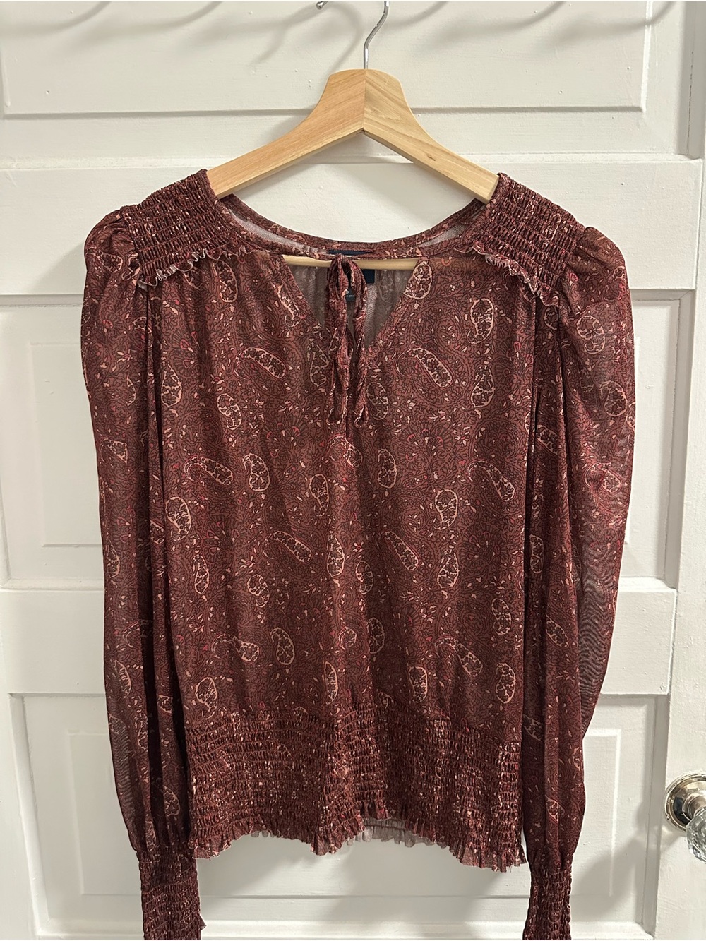 Daytrip Burgundy Paisley Tie-Neck Smocked Blouse